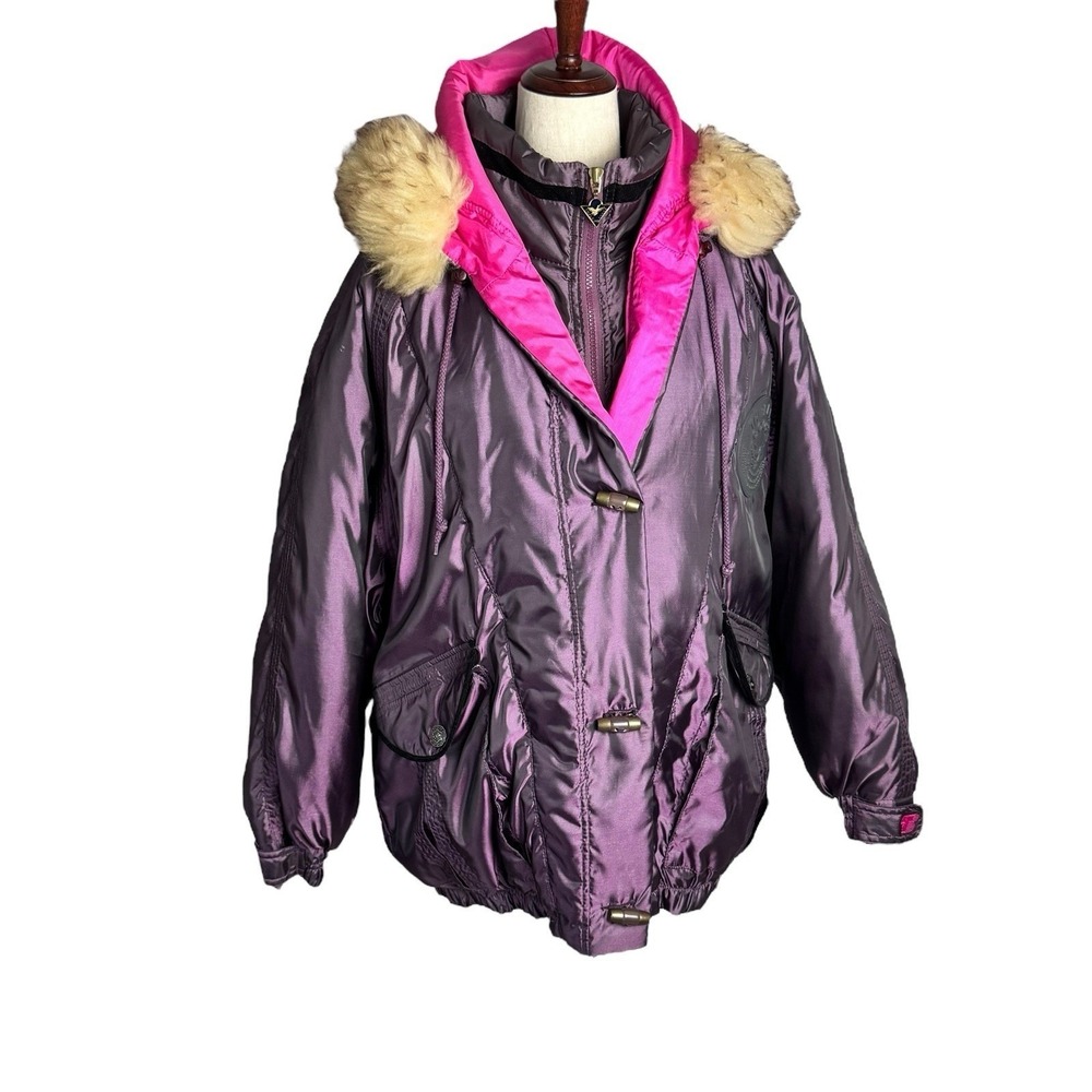 Triple FAT Goose Vintage Iridescent Purple Puffer Jacket Fur Hood Neon Pink XL